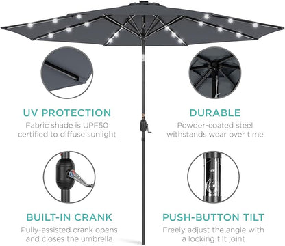 Best Choice Products 10ft Solar Polyester LED Lighted Patio Umbrella w/Tilt Adjustment and UV-Resistant Fabric - Slate