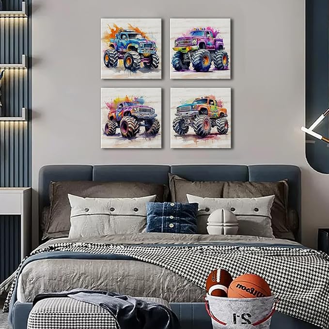Monster Truck Canvas Wall Art Watercolor Cartoon Car Color Racing Painting Vintage Car Posters Kids Boys Room Wall Decor Trucks Poster for Boy Bedroom Nursery Paintings Children Gifts Framed 20×20"x4