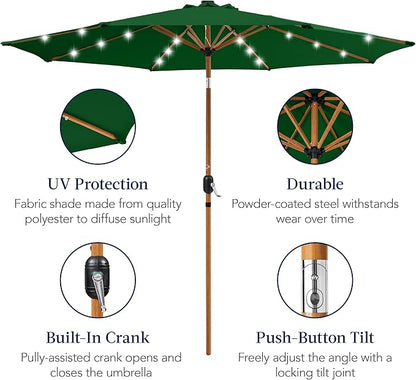 Best Choice Products 10ft Solar Market Patio Umbrella w/Woodgrain Pattern Pole, LED Lights, Tilt & Crank – Outdoor Sun Shade for Backyard Table, Deck, Poolside – Green