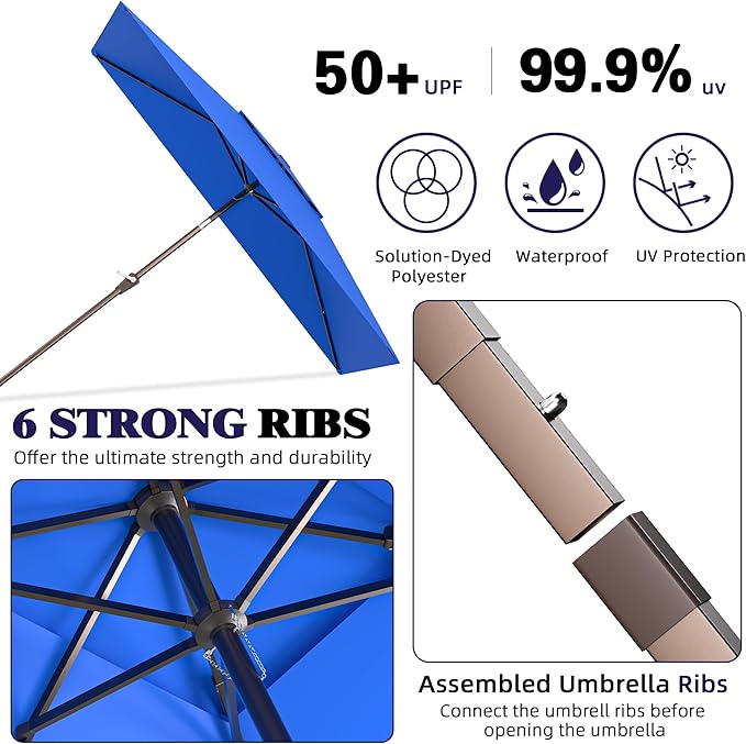 6.6x10ft Rectangular Patio Umbrella, 2 Tiers Outdoor Table Umbrellas with Push Button Tilt and Crank for Patio, Pool, Backyard, Deck, Picnic, Yard (Blue)