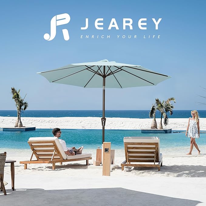 JEAREY 9FT Outdoor Patio Umbrella Outdoor Table Umbrella with Push Button Tilt and Crank, Market Umbrella 8 Sturdy Ribs UV Protection Waterproof for Garden, Deck, Backyard, Pool (Light Blue)