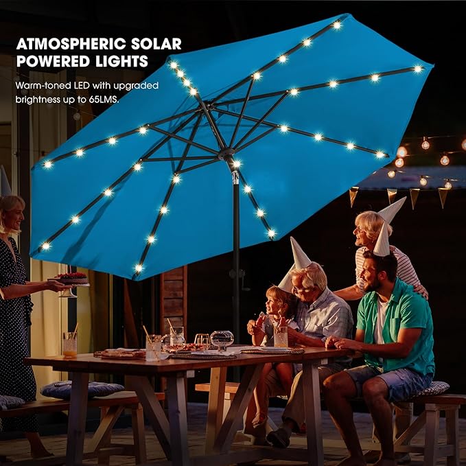 wikiwiki 10ft Solar Led Patio Umbrella, Sturdy Outdoor Market Umbrella for Deck, Pool, Garden w/Tilt, Crank, 32 LED Lights, Royal Blue