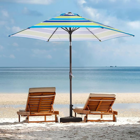 JEAREY 7.5FT Patio Umbrella Market Table Umbrella with 6 Sturdy Ribs, Push Button Tilt/Crank Outdoor Umbrella for Garden, Deck, Backyard, Pool and Beach,Bold Blue-Green Stripe