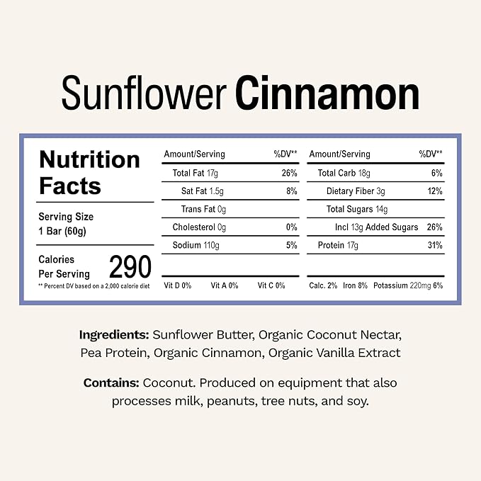 Rise Pea Protein Bar - Vegan Sunflower Cinnamon | Breakfast Bar & Protein Snack 17g Protein Just 5 Whole Food Ingredients Non-GMO Gluten-Free Soy Free
