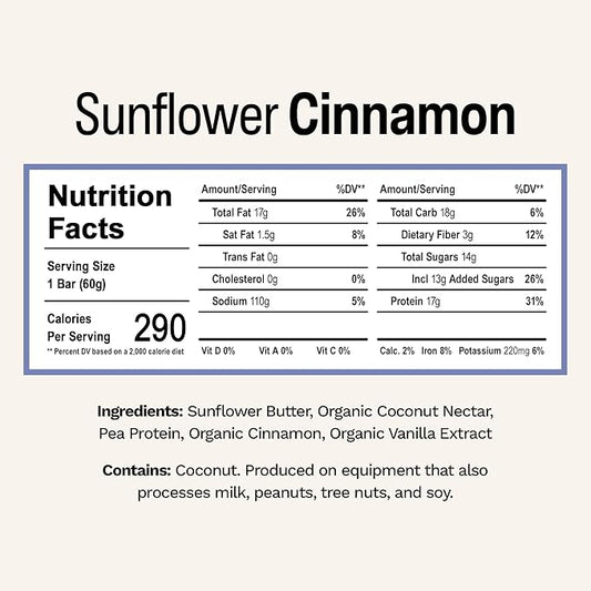 Rise Pea Protein Bar - Vegan Sunflower Cinnamon | Breakfast Bar & Protein Snack 17g Protein Just 5 Whole Food Ingredients Non-GMO Gluten-Free Soy Free
