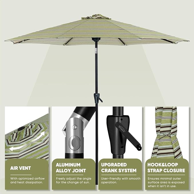 Tempera Patio Market Outdoor Table Umbrella with Push Button Tilt and Crank,Large Sun Umbrella with Sturdy Pole&Fade resistant canopy,Easy to set