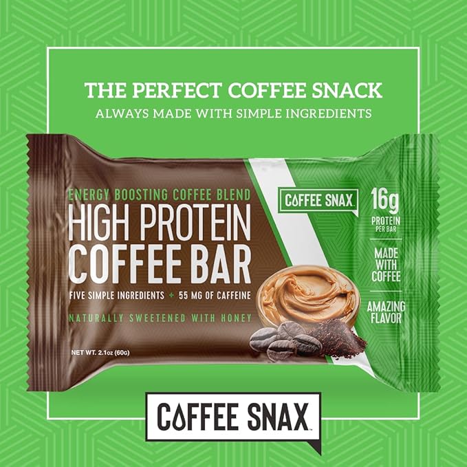Protein Coffee Energy Bar, Made with Five Simple Ingredients, All Natural, Gluten Free, Non GMO & 16g of Protein, Made with Real Coffee (55mg Caffeine per bar), 12 Bars (Peanut Butter)