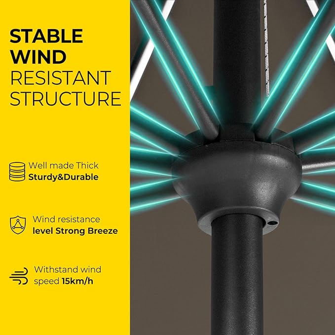 Tempera Solar Patio Umbrella 40 LED Lighted Outdoor Umbrella Table Market Umbrella with Push Button Tilt and Crank, Solar Umbrella with Sturdy Pole&Fade Resistant Canopy, Easy to Set