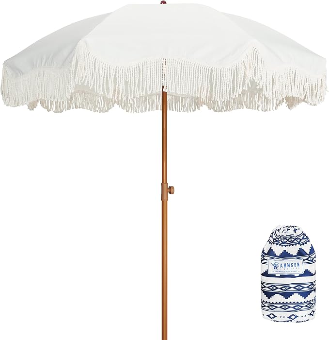 AMMSUN Boho Fringe Umbrella with Outdoor Blanket, 6.5ft UPF50+ Picnic Umbrella with Tassels with Steel Pole & Push Button Tilt, Antique White