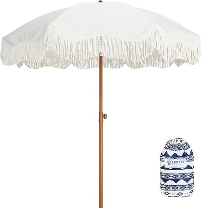 AMMSUN Boho Fringe Umbrella with Outdoor Blanket, 6.5ft UPF50+ Picnic Umbrella with Tassels with Steel Pole & Push Button Tilt, Antique White