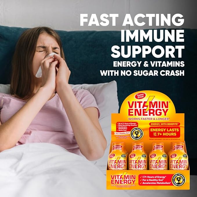 Vitamin Energy Immune+ Extra Strength Energy Shot – Orange Burst – 100% DV B-Vitamins & 260mg Caffeine – Zero Calories, Sugar-Free, Vegan, – Immunity & Energy Support – 1.93 fl oz, 24-Pack
