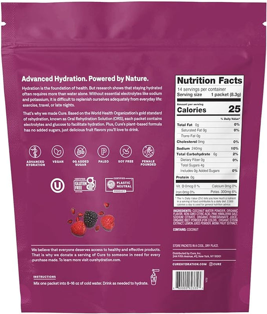 Cure Hydrating Plant Based Electrolyte Mix | Powder for Dehydration Relief | Made with Coconut Water | Non-GMO | No Added Sugar | FSA & HSA | Vegan | Pouch of 14 Packets - Berry Pomegranate