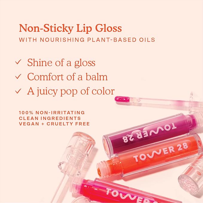 Tower 28 ShineOn Milky Lip Jelly, OAT, Non-Sticky, Hydrating Vegan Lip Gloss in Milky Peachy Pink, Apricot and Raspberry Seed Oil, Moisturizing, Clean, Cruelty Free