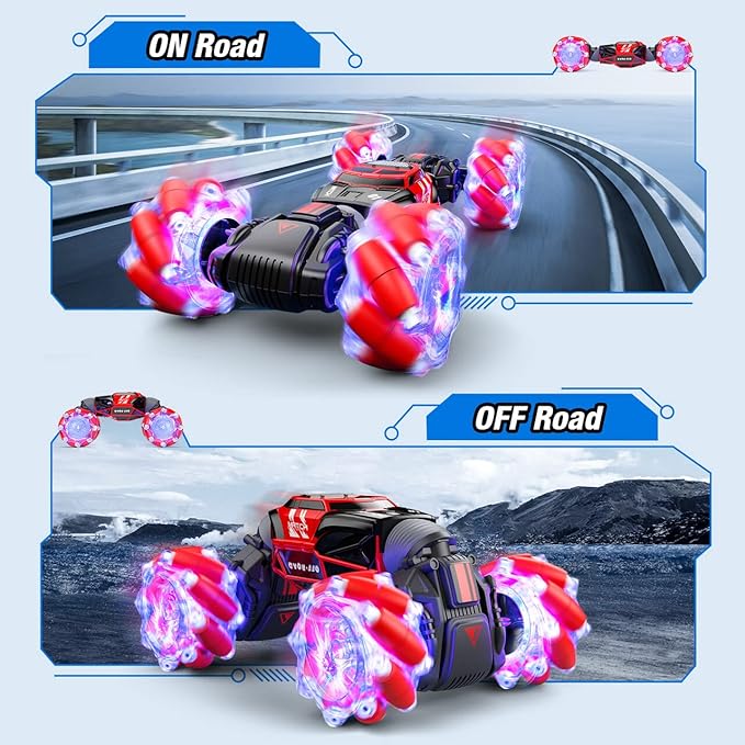 Powerextra Remote Control Car, 4WD 2.4GHz Gesture Sensing Rc Stunt Car, Double Sided 360°Rotating Off Road Car with LED Light & Music, Toy Cars for 6-12 Year Old Boys & Girls - Red