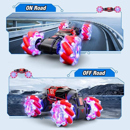 Powerextra Remote Control Car, 4WD 2.4GHz Gesture Sensing Rc Stunt Car, Double Sided 360°Rotating Off Road Car with LED Light & Music, Toy Cars for 6-12 Year Old Boys & Girls - Red