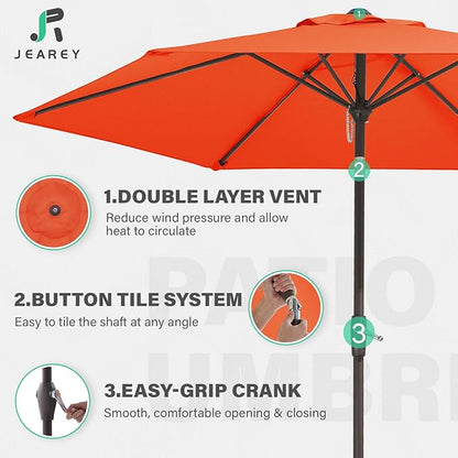 JEAREY 7.5FT Patio Umbrella Market Table Umbrella with 6 Sturdy Ribs, Push Button Tilt/Crank Outdoor Umbrella for Garden, Deck, Backyard, Pool and Beach,Orange