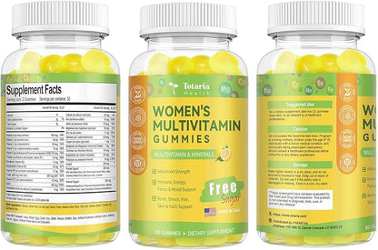 Sugar Free Multivitamin Gummies for Women 14+ w/Iron, Bariatric Multivitamin, Inositol, Folate, Biotin, Womens Daily Gummy w/Vitamin A, D, C, B, for Hair, Skin, Energy, Immune, Lemon Flavor