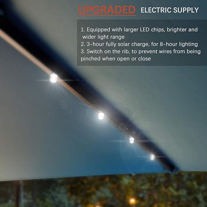 FRUITEAM 7.5FT Solar Patio Umbrella Outdoor LED Umbrella,Table Umbrella with Lights Heavy Duty Patio Umbrella with Sturdy Ribs, Crank, Easy Tilt Adjustment