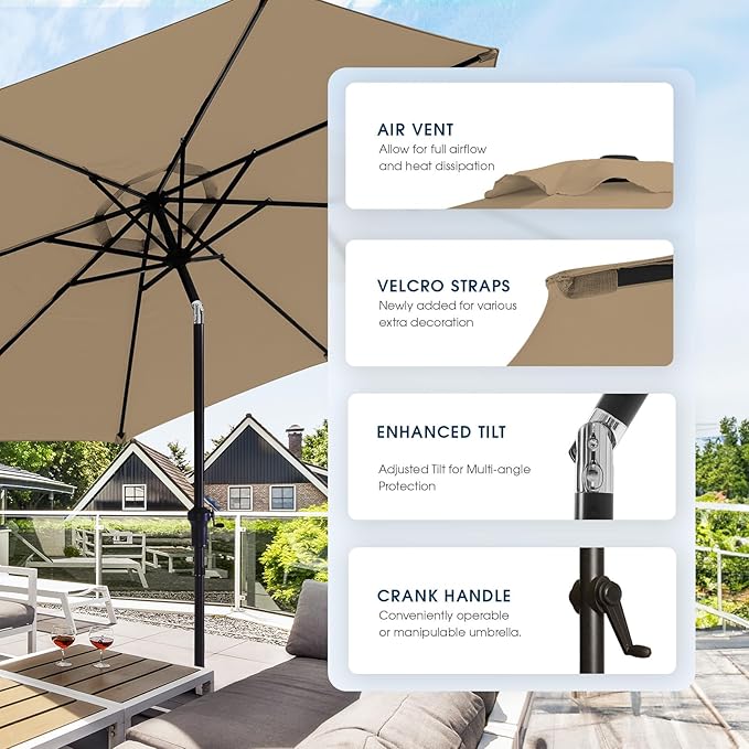 wikiwiki 9 FT Patio Umbrellas Outdoor Table Market Umbrella with Push Button Tilt/Crank, 8 Sturdy Ribs, Fade Resistant Waterproof POLYESTER DTY Canopy for Garden, Lawn, Deck, Backyard & Pool, Tan