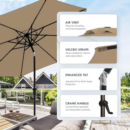 wikiwiki 9 FT Patio Umbrellas Outdoor Table Market Umbrella with Push Button Tilt/Crank, 8 Sturdy Ribs, Fade Resistant Waterproof POLYESTER DTY Canopy for Garden, Lawn, Deck, Backyard & Pool, Tan