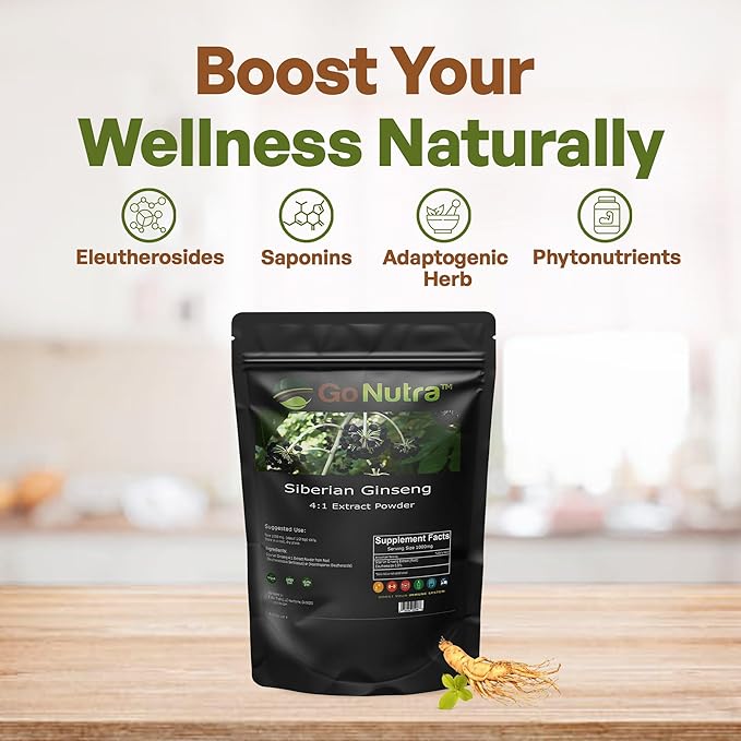Go Nutra Siberian Ginseng Powder 4:1 Extract 4X Times Stronger Non-GMO 1lb (16 oz) Eleuthero Root