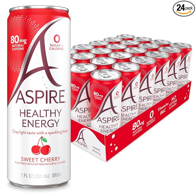 ASPIRE® Sweet Cherry, Healthy Energy Drink with Low Caffeine, No Sugar, Carbs, and Keto Friendly, 24 Pack