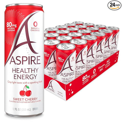 ASPIRE® Sweet Cherry, Healthy Energy Drink with Low Caffeine, No Sugar, Carbs, and Keto Friendly, 24 Pack
