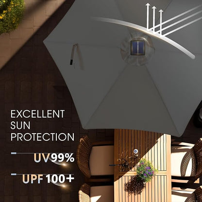 wikiwiki 7.5ft Solar Led Patio Umbrella, Sturdy Outdoor Market Umbrella for Deck, Pool, Garden w/Tilt, Crank, 18 LED Lights, Dark Gray