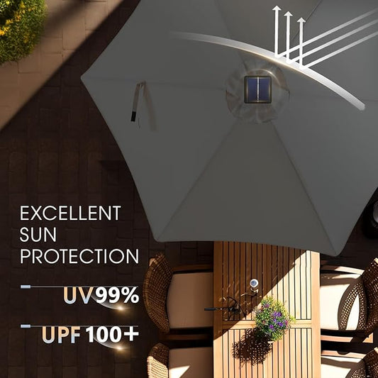 wikiwiki 7.5ft Solar Led Patio Umbrella, Sturdy Outdoor Market Umbrella for Deck, Pool, Garden w/Tilt, Crank, 18 LED Lights, Dark Gray