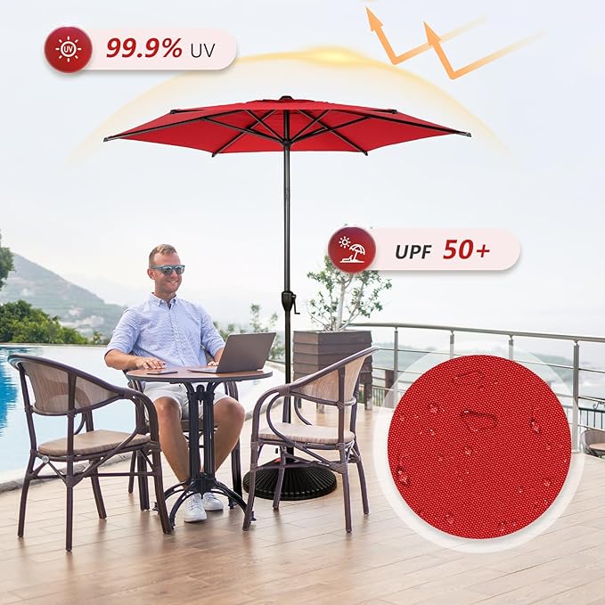 Abba Patio 7.5FT Lyon Outdoor Patio Umbrella Outdoor Table Umbrella with Push Button Tilt and Crank Market Umbrella 6 Sturdy Ribs UV Protection Waterproof for Garden Deck Backyard Pool Dark Red