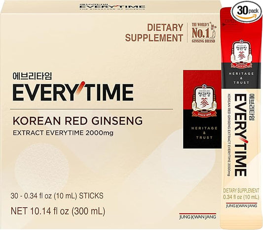 Everytime Korean Red Ginseng Extract 2,000mg - Adaptogen Energy Drink, Liquid Stick Supplements with Propolis - Energy Boost & Immune Support, Caffeine Free (30 Sticks, 0.34 fl oz)
