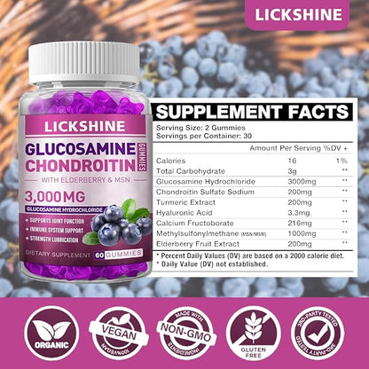 Glucosamine Chondroitin Gummies with MSM & Elderberry - Extra Strength Joint Health, Flexibility, Antioxidant Immune Support Supplement Gummy for Adults, Men & Women (1 Pack)