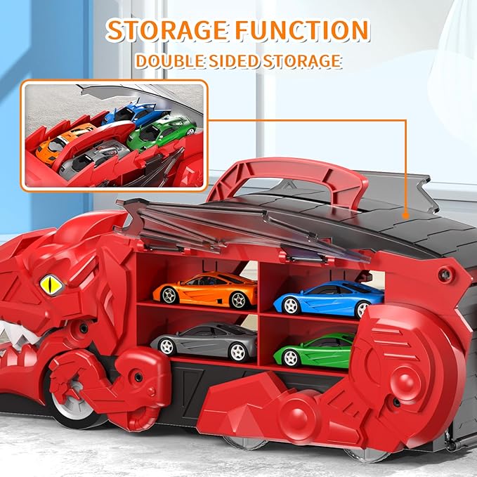Dinosaur Transport Truck Toys - 9-in-1 Car Carrier & Track Set with 8 Mini Cars, Dino Monster Truck for Kids 3-12, Push & Pull Toy, Race & Storage Gift for Boys Girls (Red)