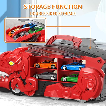 Dinosaur Transport Truck Toys - 9-in-1 Car Carrier & Track Set with 8 Mini Cars, Dino Monster Truck for Kids 3-12, Push & Pull Toy, Race & Storage Gift for Boys Girls (Red)