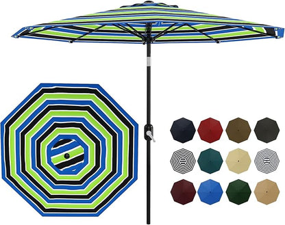9Ft Patio Umbrella - 8 Sturdy Ribs Outdoor Table Umbrella with Crank Lift & Push Button Tilt - Market Umbrella for Pool, Deck, Yard, Garden - Tricolor Stripe