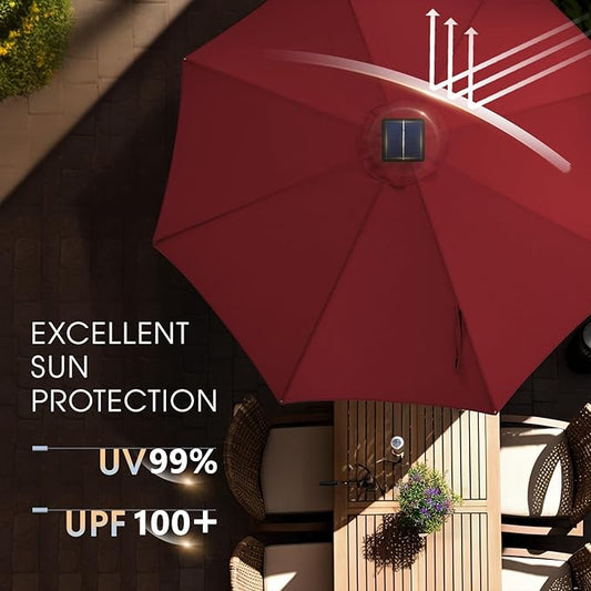 wikiwiki 9ft Solar Led Patio Umbrella, Sturdy Outdoor Market Umbrella for Deck, Pool, Garden w/Tilt, Crank, 32 LED Lights, Burgundy Red