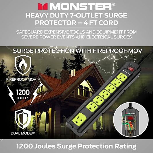 Monster Workshop Heavy-Duty Garage Power Strip Surge Protector - Mountable Heavy-Duty Wide-Spaced 7 Grounded AC Outlets with 4ft Angled Flat Plug - 1200 Joules - ETL Listed