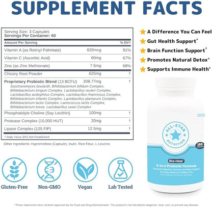 5-in-1 Bio-Heal® Probiotic Capsules for Kids, Men & Women - Best Supplement for Brain Function, Gut Health & Constipation - Shelf Stable & Fortified with Vitamins, Minerals & Prebiotics