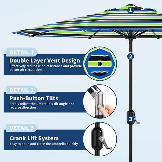 9Ft Patio Umbrella - 8 Sturdy Ribs Outdoor Table Umbrella with Crank Lift & Push Button Tilt - Market Umbrella for Pool, Deck, Yard, Garden - Tricolor Stripe