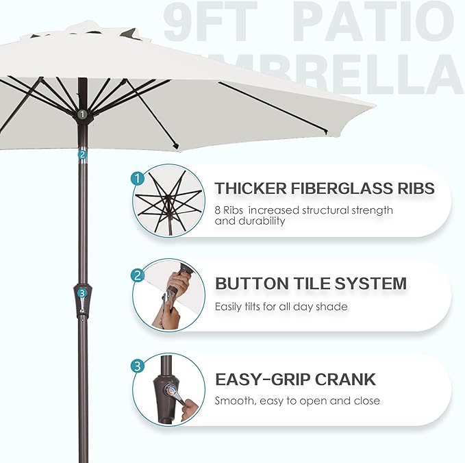 PatioKingdom 9FT Patio Outdoor Umbrella-UPF 50+ Sun Shade with Wind Vent, Push-Button Tilt & Smooth Crank Lift, Rust-Resistant Fiberglass Frame for Garden, Backyard,Yard