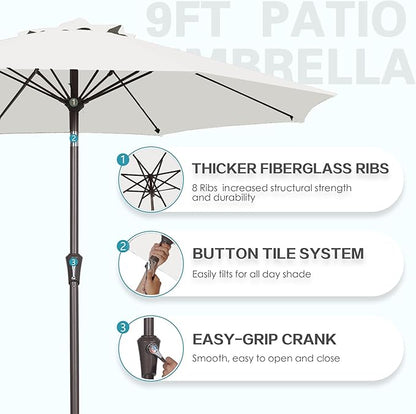 PatioKingdom 9FT Patio Outdoor Umbrella-UPF 50+ Sun Shade with Wind Vent, Push-Button Tilt & Smooth Crank Lift, Rust-Resistant Fiberglass Frame for Garden, Backyard,Yard