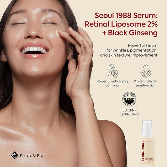 K-SECRET SEOUL 1988 Retinal Serum: Retinol Serum for Face Anti Aging Wrinkle Care - 2% Retinal Liposome Black Ginseng Niacinamide Bakuchiol Vitamin C & 3 Peptides - Korean Skincare Fragrance Free 30mL