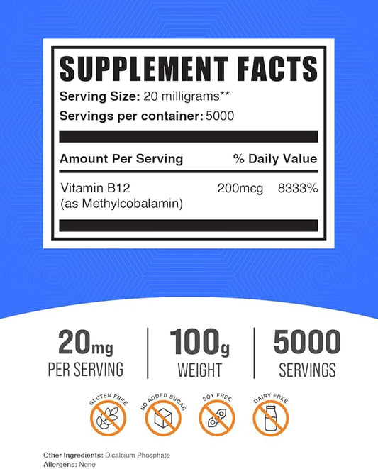 BulkSupplements.com Vitamin B12 Methylcobalamin Powder - 1% B12 Methylcobalamin, Essential B Vitamin - B12 Supplement, Gluten Free, 20mg per Serving, 100g (3.5 oz) (Pack of 1)