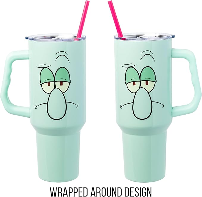 Silver Buffalo SpongeBob SquarePants Stainless Steel Tumbler with Handle Featuring Squidward, Fits in Standard Cup Holder, 40 Ounces