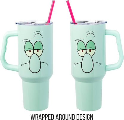 Silver Buffalo SpongeBob SquarePants Stainless Steel Tumbler with Handle Featuring Squidward, Fits in Standard Cup Holder, 40 Ounces