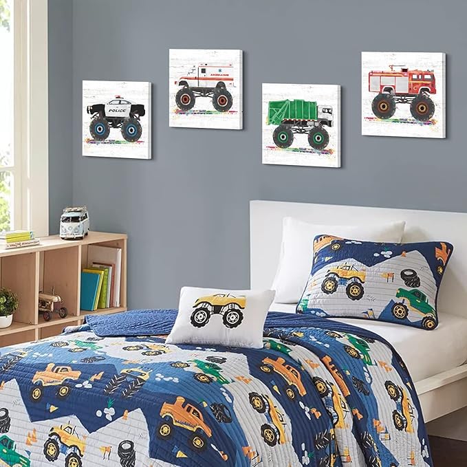 Monster Truck Wall Decor Car Posters for Boys Room Wall Art Cartoon Firetruck Garbage Police Ambulance Vehicle Canvas Pictures Artwork Toddler Room Decor Kids Bedroom Nursery Home Decoration 12×12"