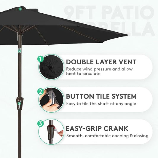 JEAREY 9FT Outdoor Patio Umbrella Outdoor Table Umbrella with Push Button Tilt and Crank, Market Umbrella 8 Sturdy Ribs UV Protection Waterproof for Garden, Deck, Backyard, Pool (Black)