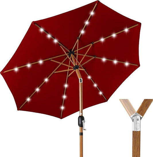 Best Choice Products 10ft Solar Market Patio Umbrella w/Woodgrain Pattern Pole, LED Lights, Tilt & Crank – Outdoor Sun Shade for Backyard Table, Deck, Poolside – Red