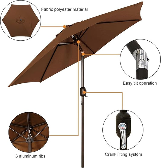 Blissun 7.5 ft Patio Umbrella, Yard Umbrella, Outdoor Market Umbrella with Push Button Tilt Crank, Brown