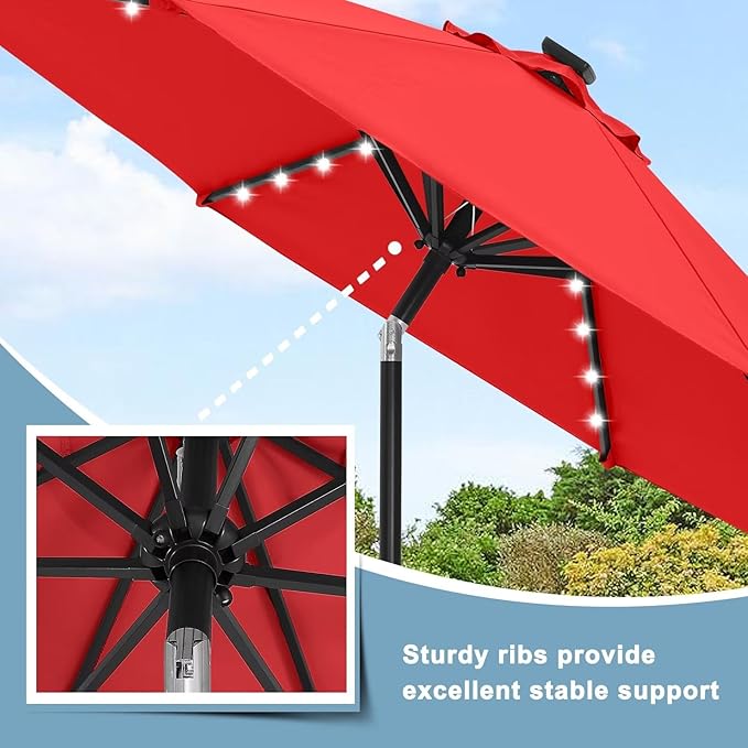 ABCCANOPY Durable Solar Led Patio Umbrellas with 32LED Lights 9FT (Red)